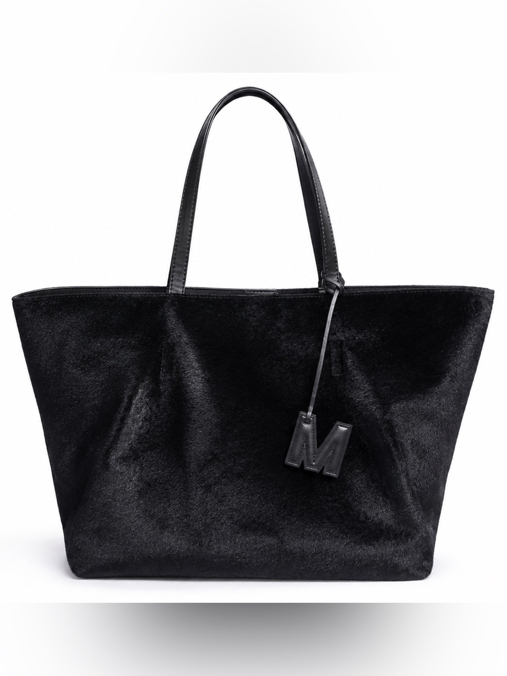 Mussi Hair on Hide Black Tote Bag with 'M' Charm. Perfect computer bag.